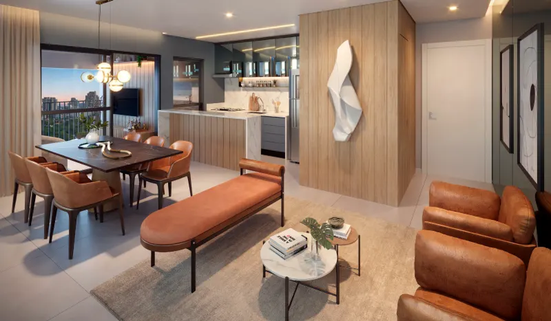 Living room of a 2-suite apartment facing the front of the building, with seating area, dining table and city view