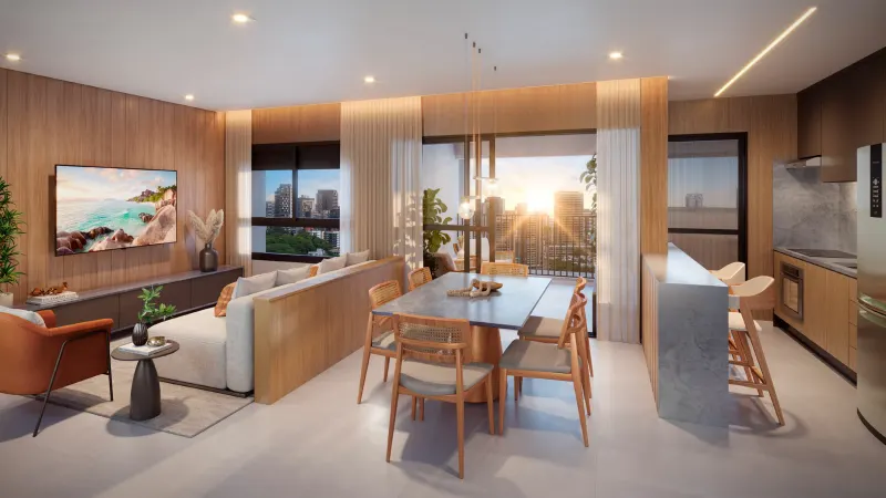 Living room of a 2-suite apartment facing the back, with seating area integrated with the kitchen and a terrace beside it