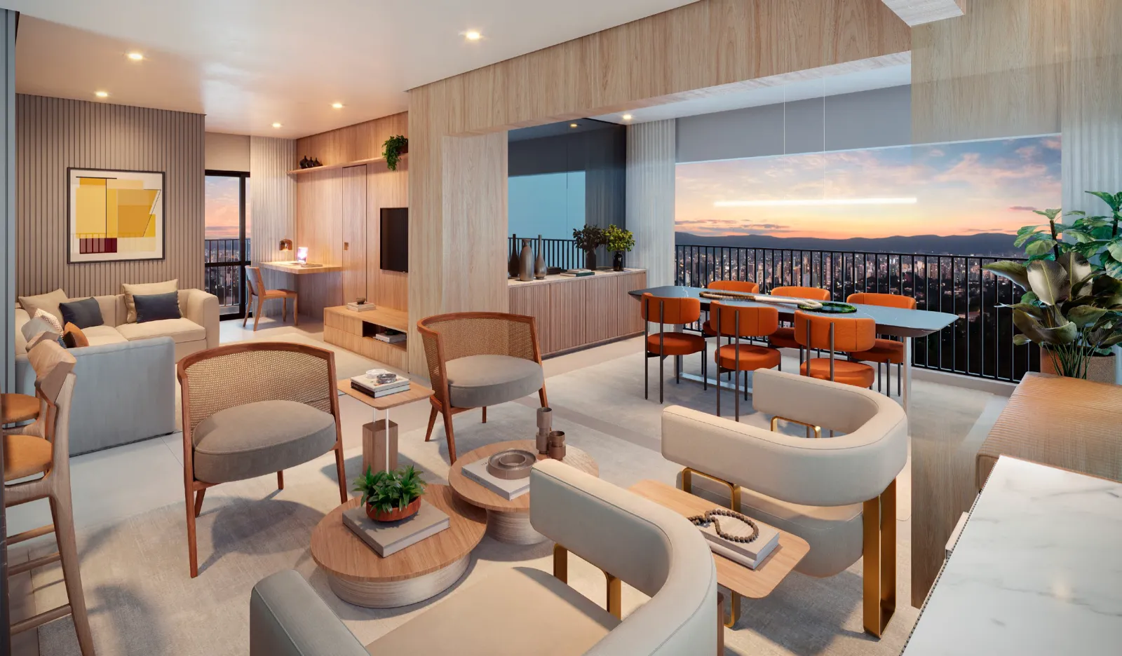 Spacious living room of a 3-suite apartment, with a curved sofa, dining table and floor-to-ceiling windows open to the terrace