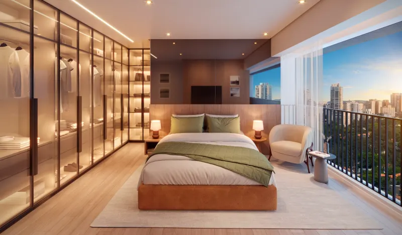 Master suite with bed, nightstands, reading armchair and a wide window