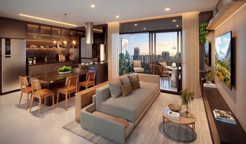 Lower floor of a duplex apartment, with double-height ceiling over the living room and a light-structured staircase