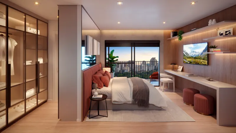 Upper floor of a duplex apartment, with a private sitting area overlooking the living room