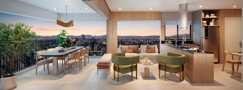 Living room of a standard 3-suite apartment, with seating, dining and passage to the terrace