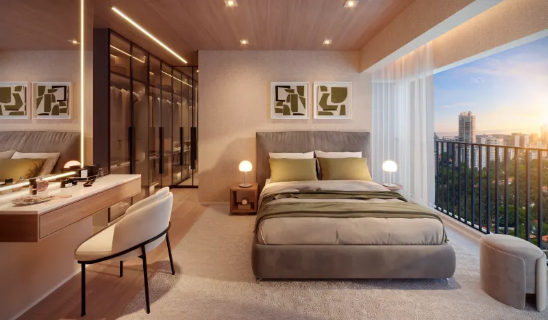 Bedroom with double bed, work desk by the window and built-in wardrobe
