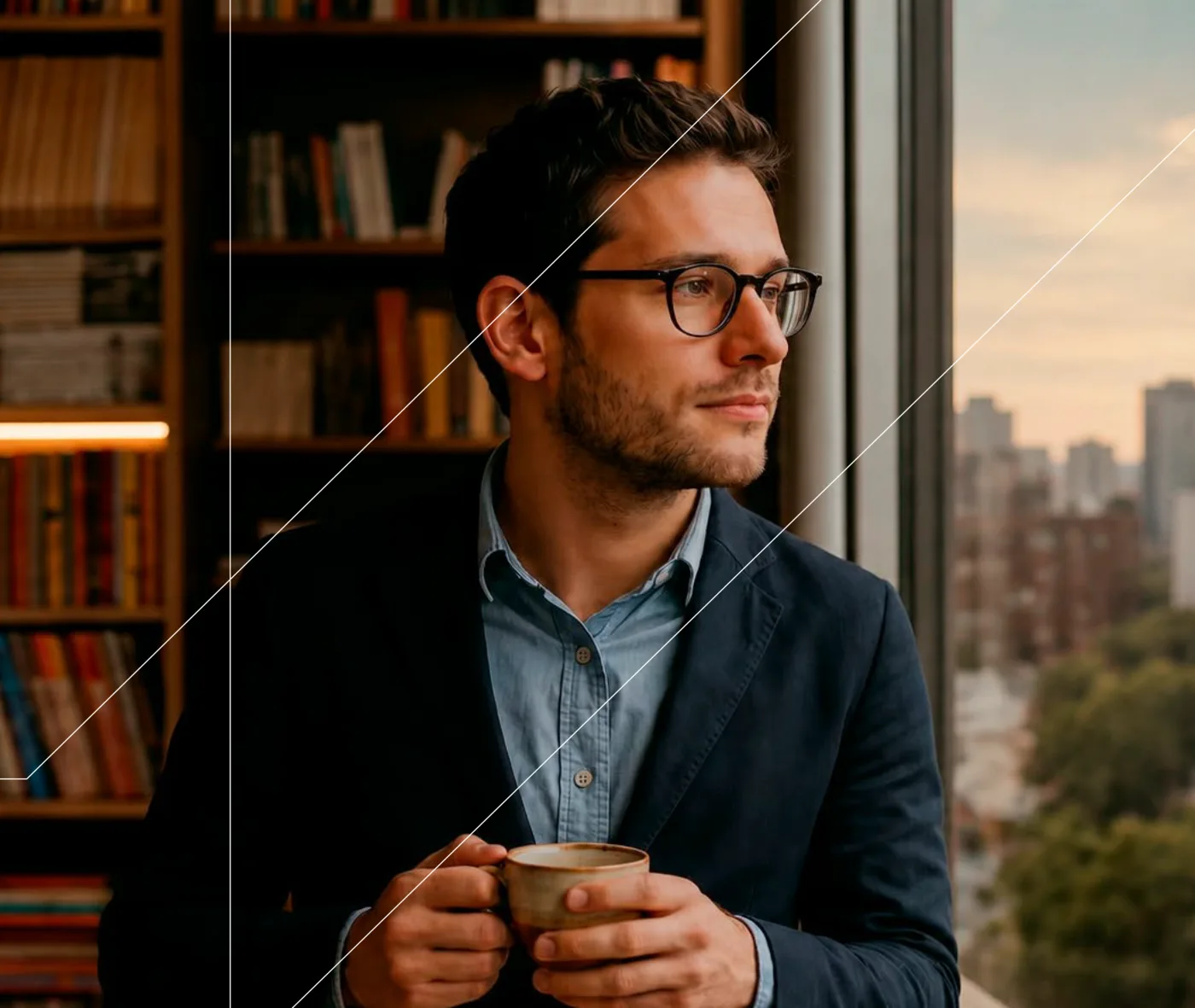 Man holding a coffee cup by the apartment window, with a bookshelf in the background and a city view at dusk