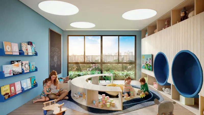 Kids Space with toys, soft rug, low shelves and activity table