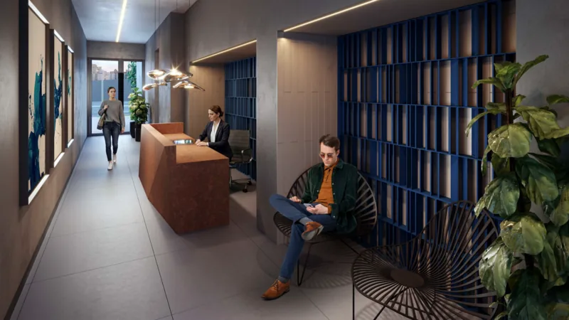 Single Concierge Lobby, with service counter, armchairs and double-height ceiling