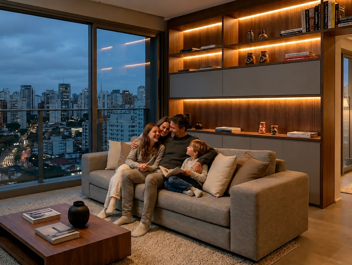Family gathered on the living room sofa, with floor-to-ceiling windows and a view of São Paulo at dusk