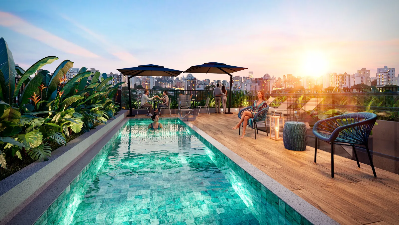 Outdoor Pool Deck with swimming pool, loungers, greenery and the city in the background