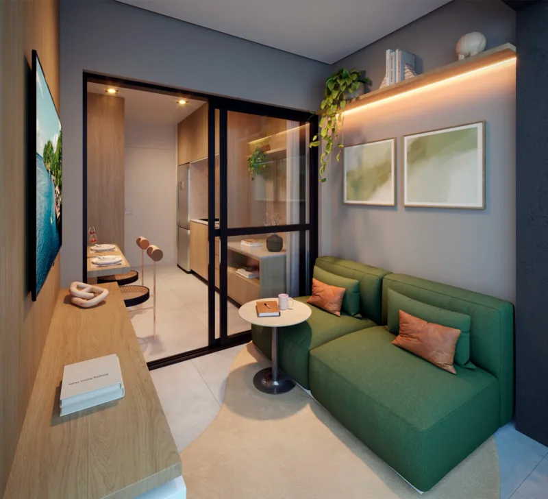 Living room of a 1-bedroom apartment with sofa, dining table, integrated kitchen and access to the terrace