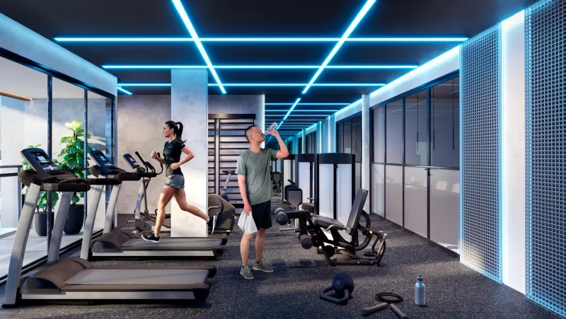 Wellness Space equipped with Life Fitness machines in front of wide windows