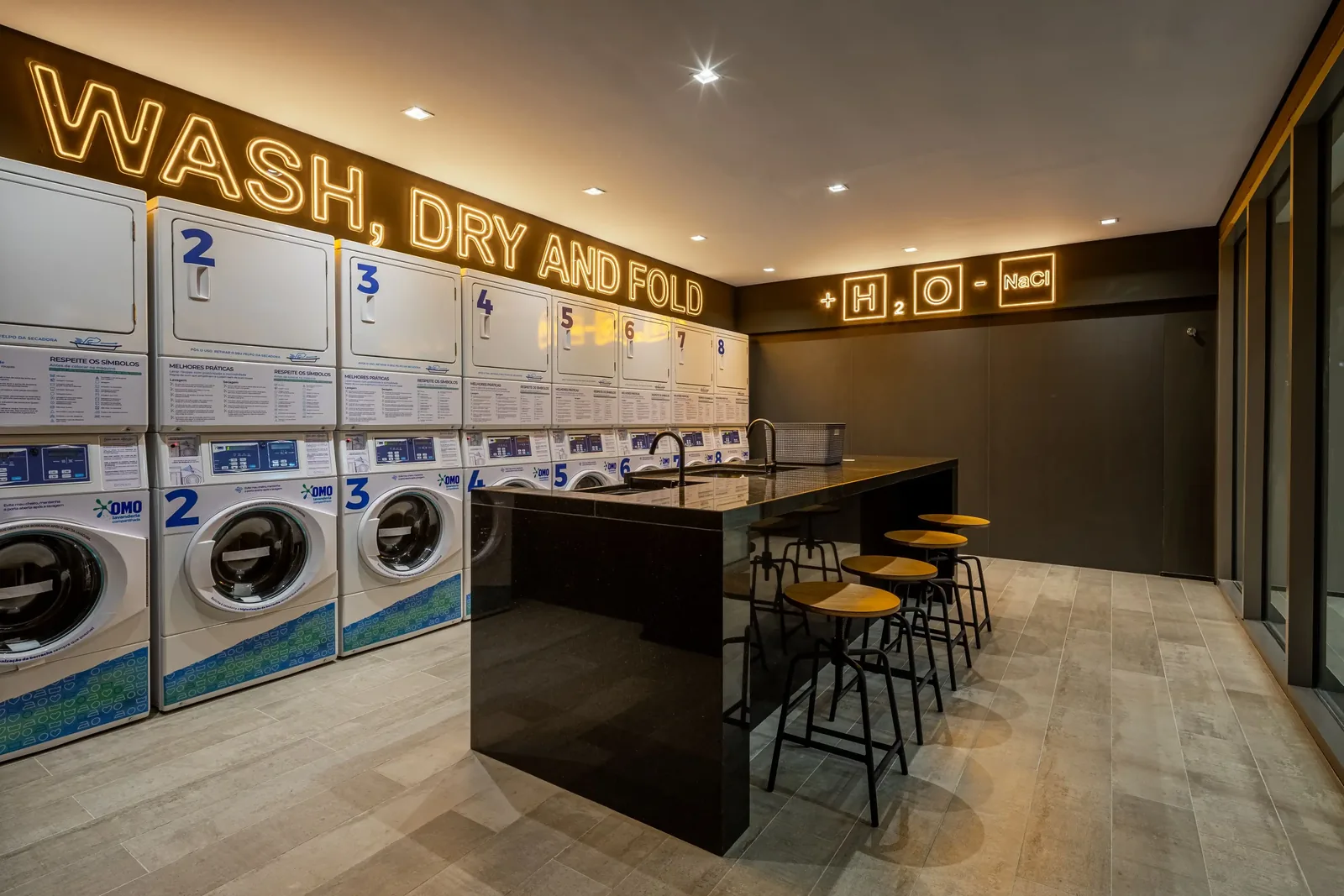 Shared laundry with neon sign